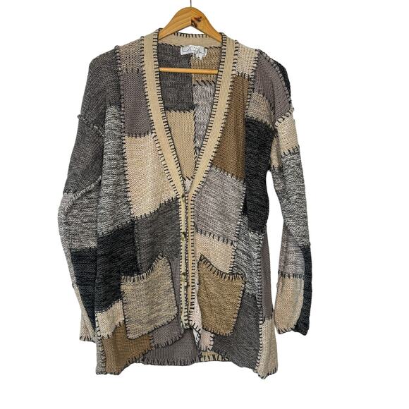 D.B.L. Cardigan Womens Medium‎ Tan Patchwork Chunky Knit Grandpacore Oversized - Picture 1 of 10